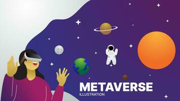 metaverse vector illustration.a woman uses a virtual reality device and is in space in the digital world.modern technology concept