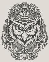 illustration owl head with engraving ornament vector