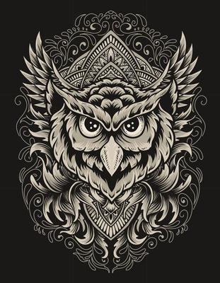 illustration owl head with engraving ornament