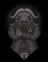illustration buffalo gangster with engraving style vector