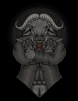 illustration buffalo gangster with engraving style