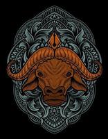 illustration buffalo head with engraving ornament vector