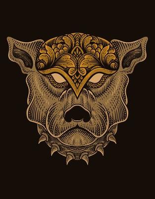 illustration dog head engraving style with mask