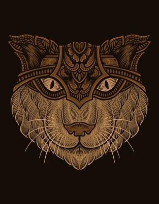 illustration cat head engraving style with mask