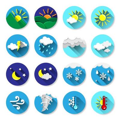 Set of Colorful Weather Report Forecast Round Flat Icons with Long Shadow for Print, Web or Mobile App. Vector Illustration