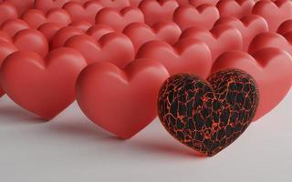 Black burned heart ahead of a crowd of red hearts, leadership illustration, 3D rendering photo
