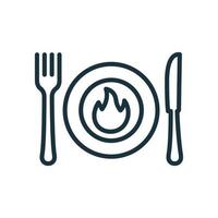 Calorie Burning Concept Line Icon. Plate with Fork, Knife and Flame Linear Pictogram. Product for Fast Metabolism Outline Icon. Isolated Vector Illustration.