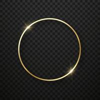 Golden Circle Frame with Sparkle Effect. Realistic Gold Shiny Round Border on Black Transparent Background. Mockup of Glowing Ring. Light Christmas Decoration. Isolated Vector Illustration.