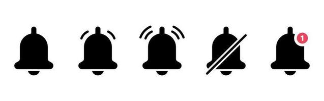 Set of Black Notification Bells and Silent Mode Concept Silhouette Icons. Bell with Red Button. Ringing Doorbells Icons for Mobile Phone App. Notice Symbol on Smartphone. Isolated Vector Illustration.