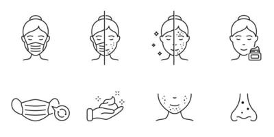 Facial Acne Line Icon. Woman with Maskne, Pimple, Blackhead Linear Pictogram. Skin Face Trouble and Facial Hygiene. Outline Icon. Isolated Vector Illustration.
