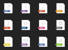 Set of files format. Flat icon. Document type signs. Vector