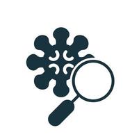 Research and Test Coronavirus disease silhouette icon. Magnifier Glass with Coronavirus, COVID 19 icon. Research of Coronavirus Bacteria. Vector illustration.