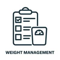 Weight Management Line Icon. Body Mass Control Linear Pictogram. Plan for Weight Control on Clipboard with Scales Outline Icon. Isolated Vector Illustration.