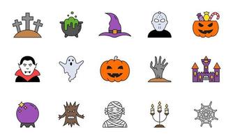 Set of Halloween Colorful Flat Icon. Spooky Horror Icons. Pumpkin, Ghost, Castle, Grave, Candy, Vampire, Cauldron Icon for Celebration 31 October. Vector Illustration.