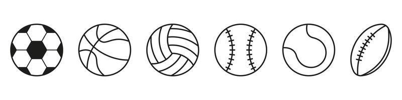 Set of Sport Game Balls Line Icon. Collection of Balls for Basketball, Baseball, Tennis, Rugby, Soccer, Volleyball Pictogram. Isolated Vector Illustration.
