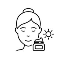 Girl Use Sunscreen, Sun Block Cream Outline Icon. Woman and Moisturizing Day Cream for Skin Line Icon. Protection Skin of UV Rays. Isolated Vector Illustration.