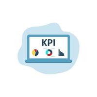 KPI, Key Performance Indicator. Laptop icon on blue background. Diagram, chart, graph icon. Vector