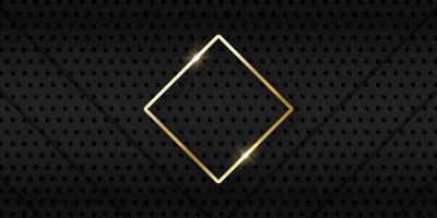 Black Metal Meshed Background with Golden Shiny Rhombus. Steel Metal Dark Black Background Perforated by Dots. Grid Pattern and 3D Lines. Abstract Modern Design. Vector Illustration.