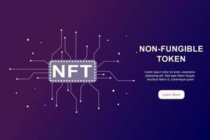 NFT non fungible token infographic with lines and dots network on dark background. Pay for unique collectibles in games or art. Flat vector illustration of NFT with blockchain technology for banner.