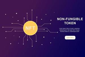 NFT non fungible token infographic with lines and dots network on dark background. Pay for unique collectibles in games or art. Flat vector illustration of NFT with blockchain technology for banner.