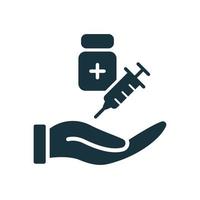 Get Vaccine Against Coronavirus Silhouette icon. Palm with Syringe and Bottle. Syringe and Vaccine Vial flat icon. Treatment for Coronavirus Covid-19. Vector illustration.