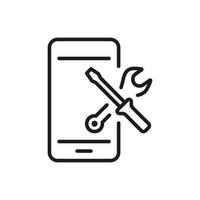 Setting Up Applications on Mobile Phone Line Icon. Service of Software Smartphone Linear Pictogram. Configuration and Technical Support of Cell Phone. Vector Illustration.
