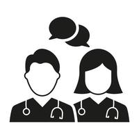 Doctors Consultation with Speech Bubble Black Icon. Physicians Speaking Silhouette Pictogram. Medic Specialist Conversation Icon. Healthcare Chat. Isolated Vector Illustration.