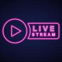 Live Stream Neon Sign on Wall Brick Background. Online Broadcast Night Light Symbol. Neon Banner of Multimedia Livestream News Icon. Video On Air Pictogram. Isolated Vector Illustration.