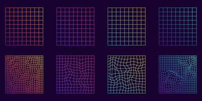 Distorted Grid Square Neon Pattern. Warp Futuristic Geometric Square Glitch. Abstract Modern Design. Wave Ripple Perspective Square. Isolated Vector Illustration.