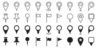 Black Location Pins. Marker Point on Map, Place Location Line and Silhouette Pictogram. Thumbtack Sign, Flag Mark. Pointer Navigation Symbol. Isolated Vector Illustration.