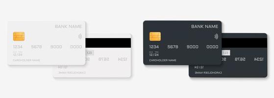 White and Black Plastic Credit Card. Realistic Mock Up of Debit Bank Card with Golden Chip. Template of Front and Back Plastic Card. Concept of Business Payment Money. Isolated Vector Illustration.