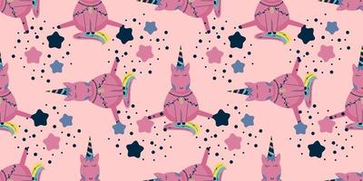 Scandinavian unicorn seamless pattern with star. A pink horse with a horn sits on a dark background.Children's textile with a bright rainbow vector