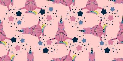 Scandinavian unicorn seamless pattern with star. A pink horse with a horn sits on a dark background.Children's textile with a bright rainbow vector