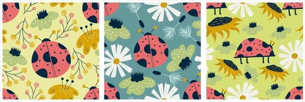 conjunto escandinavo de patrones primaverales con flores, mariquitas y manzanilla. patrón sin costuras con insectos y girasol. diseño de ilustración vectorial diseño de impresión de vivero escandinavo floral de verano vector