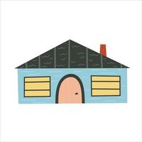 Scandinavian house with window isolated on white background. Roof with chimney. Flat childish design. Hand drawn fashion illustration. Colored townhouse with a round door. vector