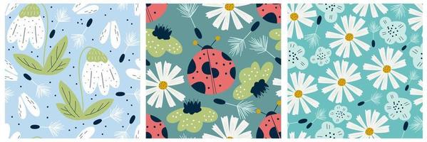 conjunto escandinavo de patrones primaverales con flores, mariquitas y manzanilla. patrón sin costuras con insectos y campanillas. diseño de ilustración vectorial diseño de impresión de vivero escandinavo floral de verano. vector