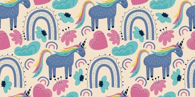 Scandinavian unicorn seamless pattern with rainbow and flower. A horse with a horn sits on a background with cloud, heart. Childrens textile with a bright rainbow vector