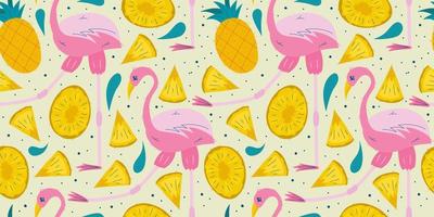 Seamless summer pattern with pink flamingo pineapple pieces. Fruit and flamingo on a light background for childrens design. Flat vector illustration