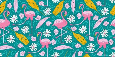 Seamless summer pattern with pink flamingo and tropical leaves and daisy. Yellow leaves and flamingo on a green background for childrens design. Flat vector illustration.