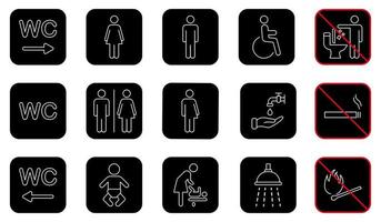 Set of WC Line Icon. Toilet Room Sign. Mother and Baby Room. Public Washroom for Disabled, Male, Female, Transgender Outline Pictogram. No smoking Sign. Vector Illustration.