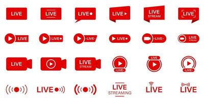 Live Stream Sign Set. Online News, Show, Channel Television. Live Stream Line Icon. Online Broadcast Buttons Pictogram. Red Symbol of Livestream. Isolated Vector Illustration.