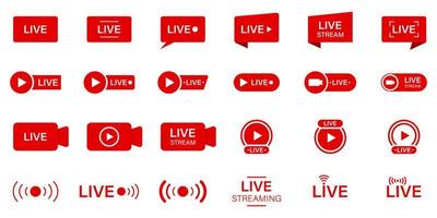 conjunto de signos de transmisión en vivo. noticias en línea, espectáculo, canal de televisión. icono de línea de transmisión en vivo. pictograma de botones de transmisión en línea. símbolo rojo de transmisión en vivo. ilustración vectorial aislada. vector