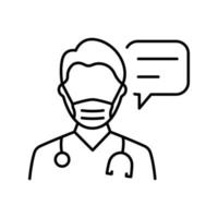 Doctor in Mask with Speech Bubble Consultation Concept Line Icon. Physician Talking Linear Pictogram. Healthcare Chat Outline Icon. Medic Conversation. Isolated Vector Illustration.
