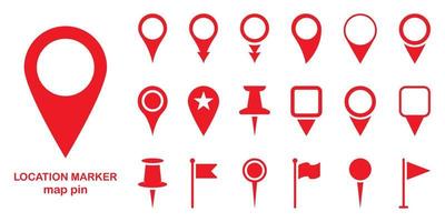 Red Location Pins Sign. Set of Marker Point on Map, Place Location Pictogram. Pointer Navigation Symbol. Red GPS Tag Collection. Flag Mark, Thumbtack Sign. Isolated Vector Illustration.