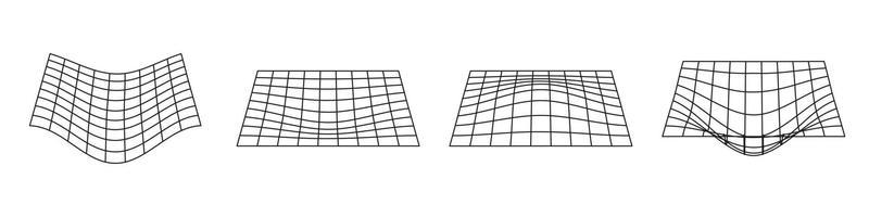Grid Futuristic Wireframe Pattern. 3d Warp Geometric Shape with Curve Wavy Line. Black Wave Grid on White Background. Abstract Modern Design. Isolated Vector Illustration.