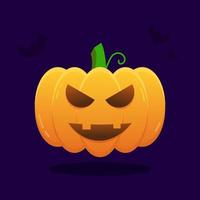 Realistic Cute Pumpkin Halloween Isolated Vector Illustration. Scary Jack Lantern Illustration. Orange Carved Pumpkin for 31 October. Spooky Decoration for Halloween Celebration on Dark Background.