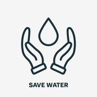 mano que protege el icono lineal del agua. icono de dos manos y línea de caída. ahorro y protección del agua. firmar para la ecología. ilustración vectorial vector