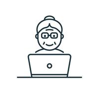 Old Senior Woman Influencer Line Icon. Positive Retired Blogger Creating Content Linear Pictogram. Elder Person with Computer Outline Icon. Isolated Vector Illustration.