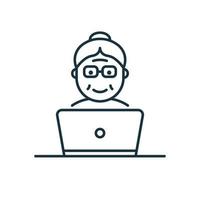 Old Senior Woman Influencer Line Icon. Positive Retired Blogger Creating Content Linear Pictogram. Elder Person with Computer Outline Icon. Isolated Vector Illustration.