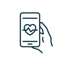 Mobile Phone App for Control Heartbeat Line Icon. Training and Control Heart Beat on Smartphone Pictogram. App Bpm Count for Cellphone Outline Icon. Isolated Vector Illustration.